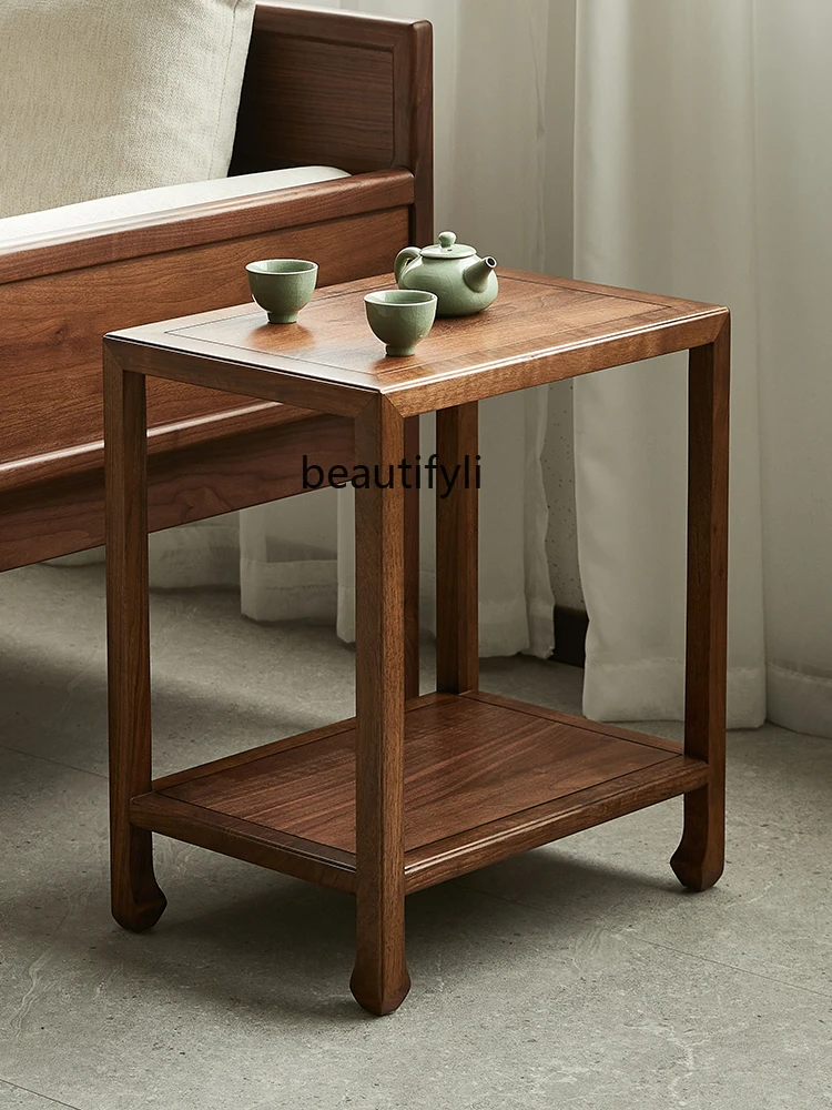 North America Black Walnut Side Table Simple Double Layer Corner Table Home Living Room Horseshoe Solid Wood Side Table