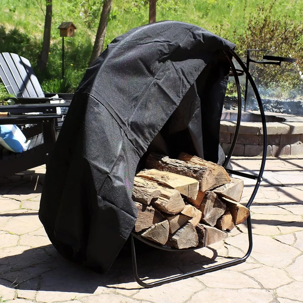 Outdoor Firewood Log Rack Hoop and Cover Set - Powder-Coated Steel Round Firewood Rack and PVC Cover - Black - 40-Inch