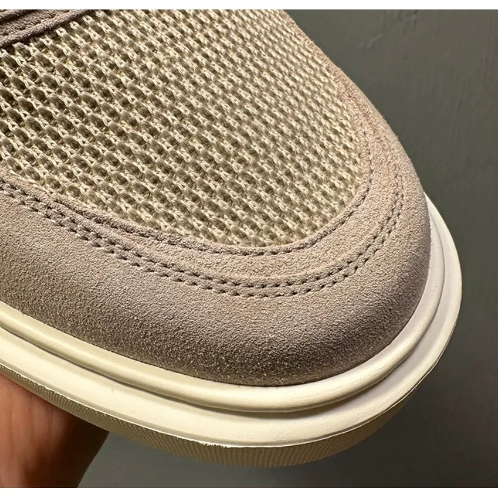 Men's Beige Mesh Suede Casual Sneakers, Lace‑up Thick Platform Sole, Breathable Upper, Daily Walking Skate Shoes