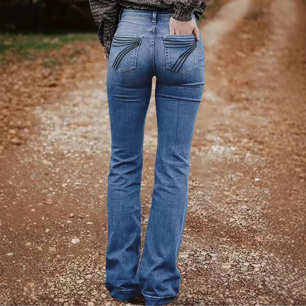 Pocket Embroidered Loose Women's Embroidered Flare Jeans - Stylish High-Waisted Denim with Unique Stitching Detail