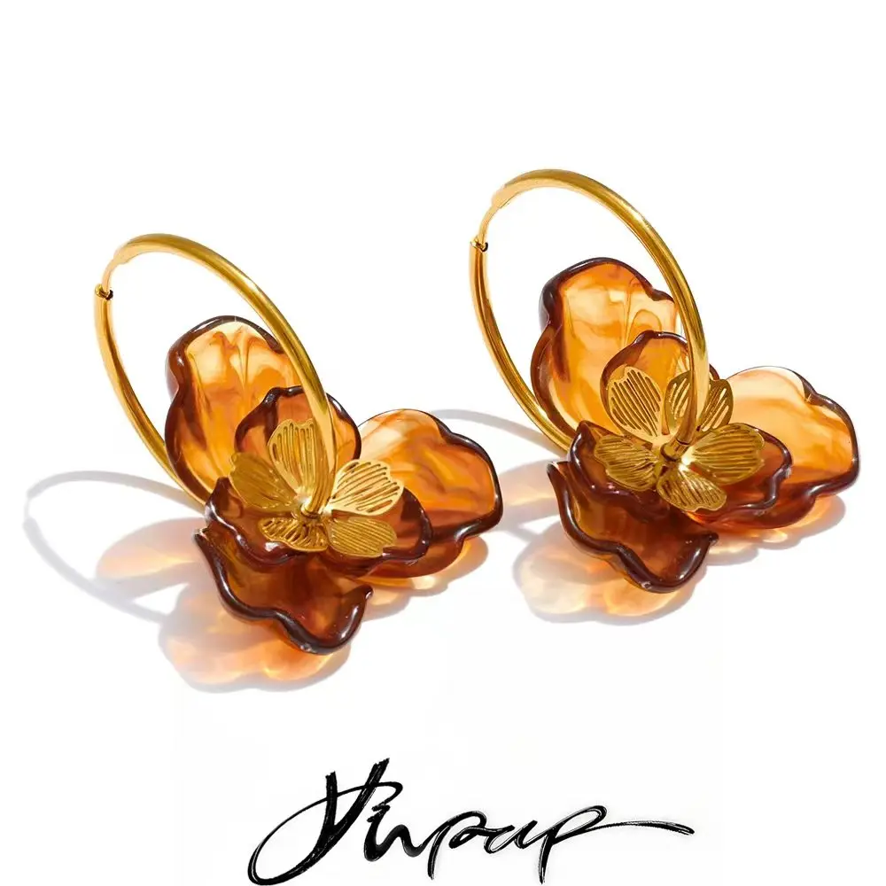 Yhpup Exclusive Design Resin Flower Hoop Earrings for Women Stainless Steel Charming Jewelry Green Pink Purple White Brown Color
