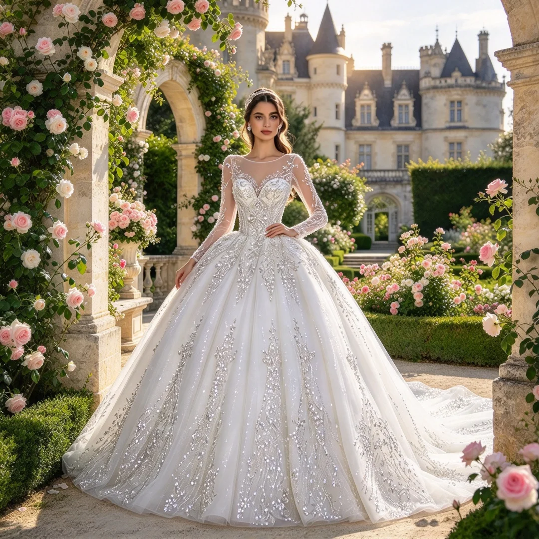 Customized O-Neck Long Sleeve All Over Beaded Sequined Super Shiny Ball Gown Wedding Dresses Vestido De Novia