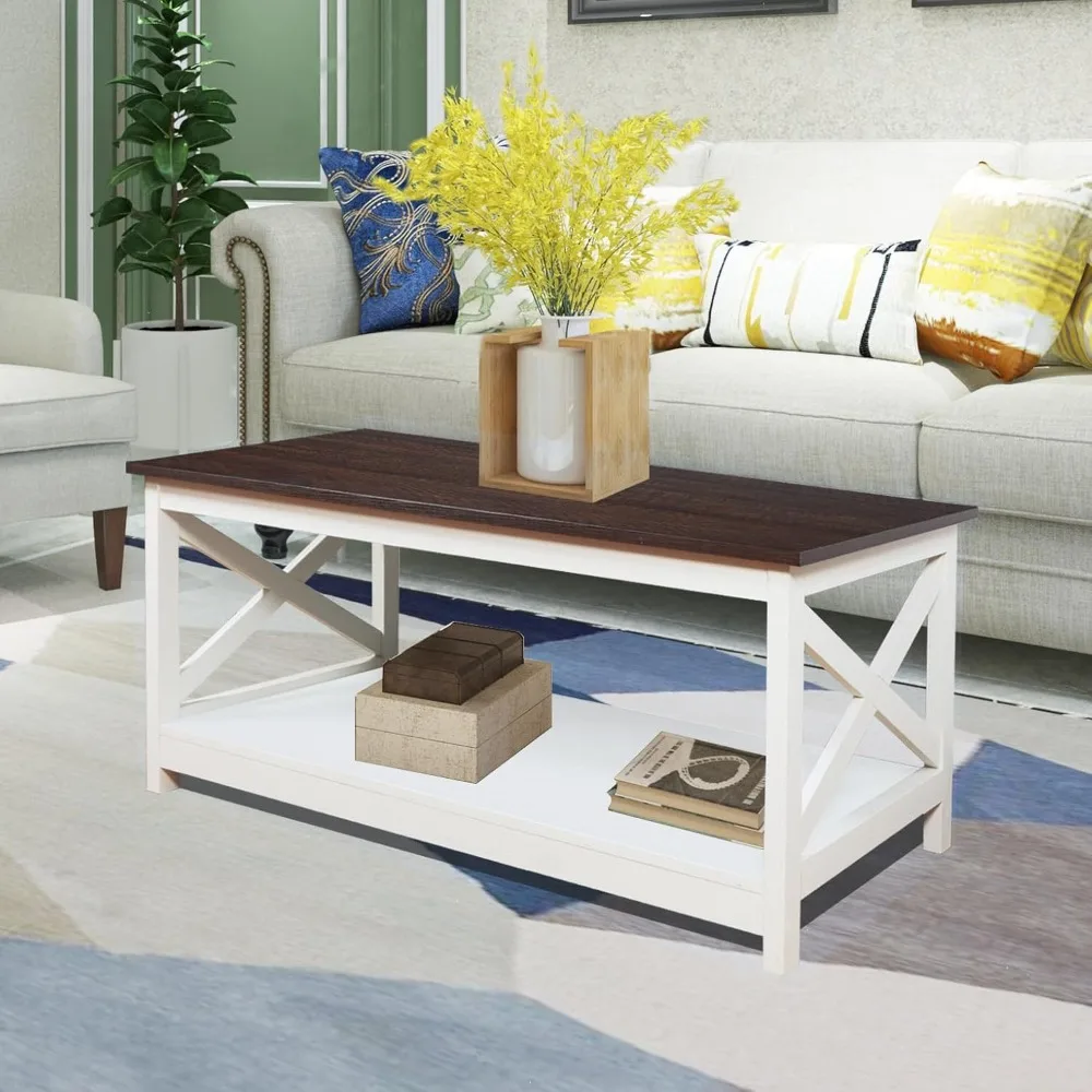 Coffee Table, Modern Farmhouse Wood Coffee Table with 2-Tier Storage