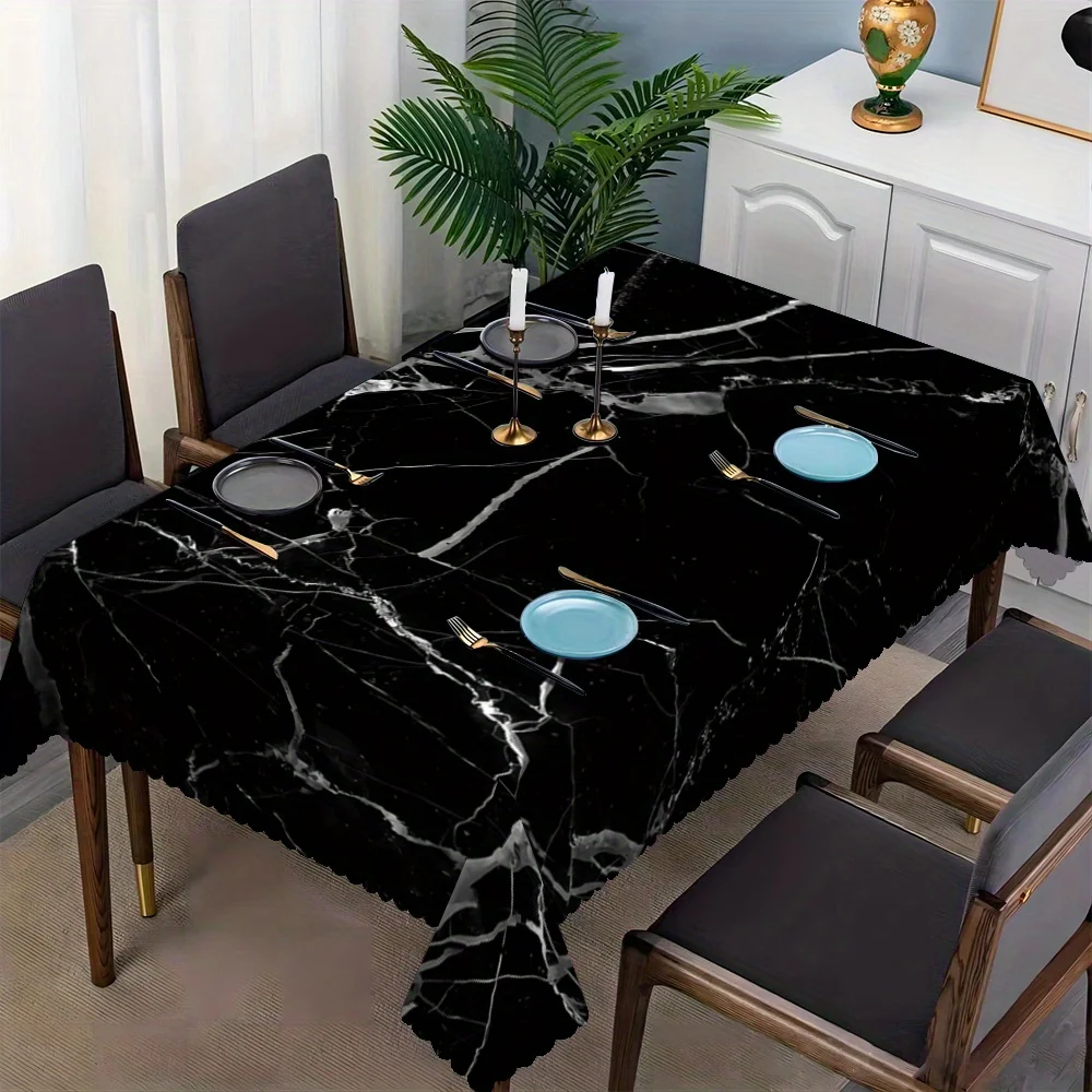 Modern Black Marble Print Tablecloth, White Veined Pattern, Scalloped Edge, Stain Resistant,for Dining Room & Elegant Home Decor