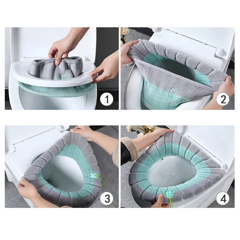 Winter Warm Toilet Seat Cover Mat Bathroom Toilet Pad Cushion with Handle Thicker Soft Washable Closestool Warmer Accessories