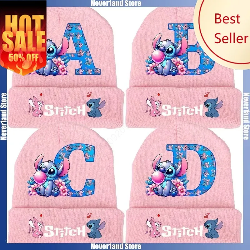 

Cartoon Stitch Printing Winter Beanies Stitch Angel Letter A-Z Knitting Hat Fashion Keep Warm Skullies Beanies Boy Girl Cap Gift