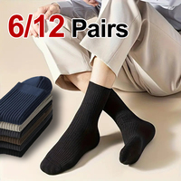 6/12 Pairs Men Solid Color Business Striped Mid Tube Socks Breathable Sweat Absorbing Odor Proof All Seasons Casual Socks