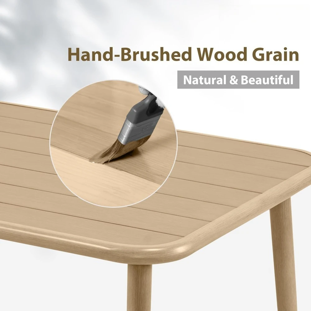 طاولة طعام خارجية لـ 8، طاولة طعام كبيرة بإطار من الألومنيوم مستطيلة الشكل، سطح طاولة يشبه الخشب مع مظلتين