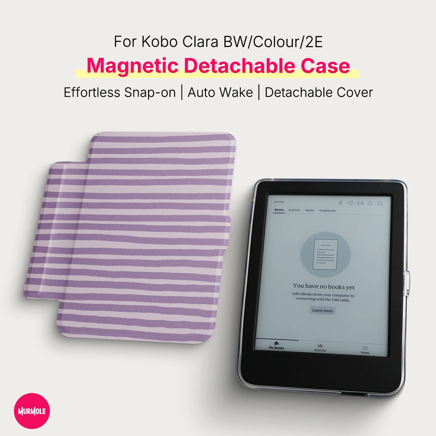 Murmelo 2-in-1 Magnetic Detachable Case for Kobo Clara Colour BW 2E Classic Striped Smart Folio Slim Lightweight Auto Wake Cover