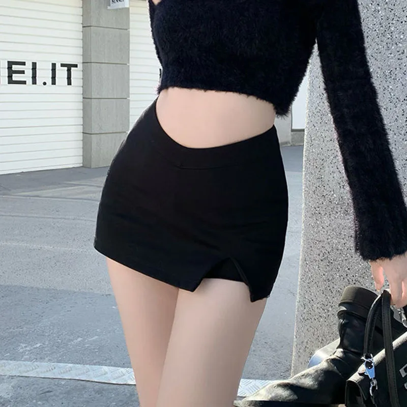 Gidyq Women Sexy Split Shorts Skirt Summer Korean High Waist Office Ladies Mini Skirt Fashion Casual Black A Line Skirts