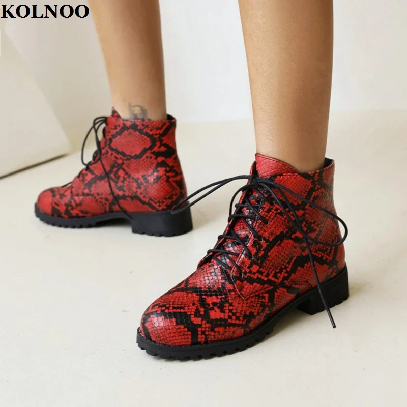 

Kolnoo Handmade New Classic Women's Ankle Boots Faux-snake Leather Crisscross Shoelace Large Size Evening Fashion Prom Shoes