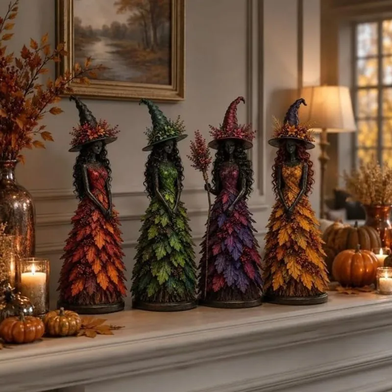 17CM Leaf Witch Figurine Halloween Statue Berry Staff Decor Craft Ornament Halloween Decor Gift Statue Berry Staff Ornament Set