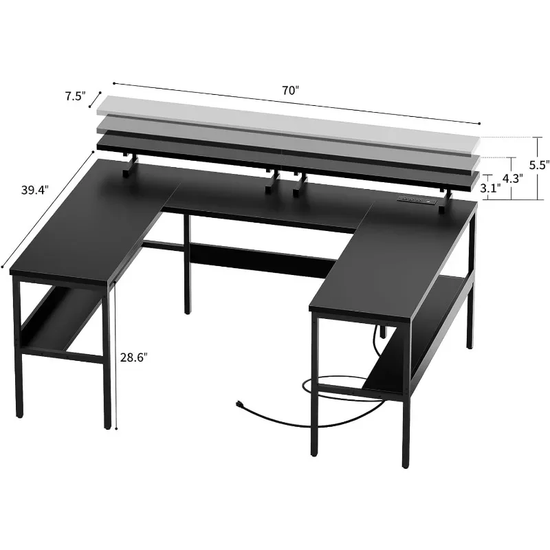 U Shaped Computer Desk, Customizable L Shaped Office Desk , Large Reversible Gaming Desk with Storage Shelves