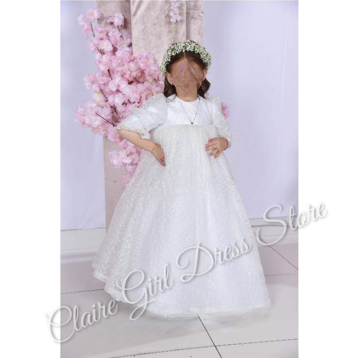 

Customized White Flower Girl Dress For Wedding Tulle O-neck High Waist Puffy Baby First Communion Kid Birthday Party Gown
