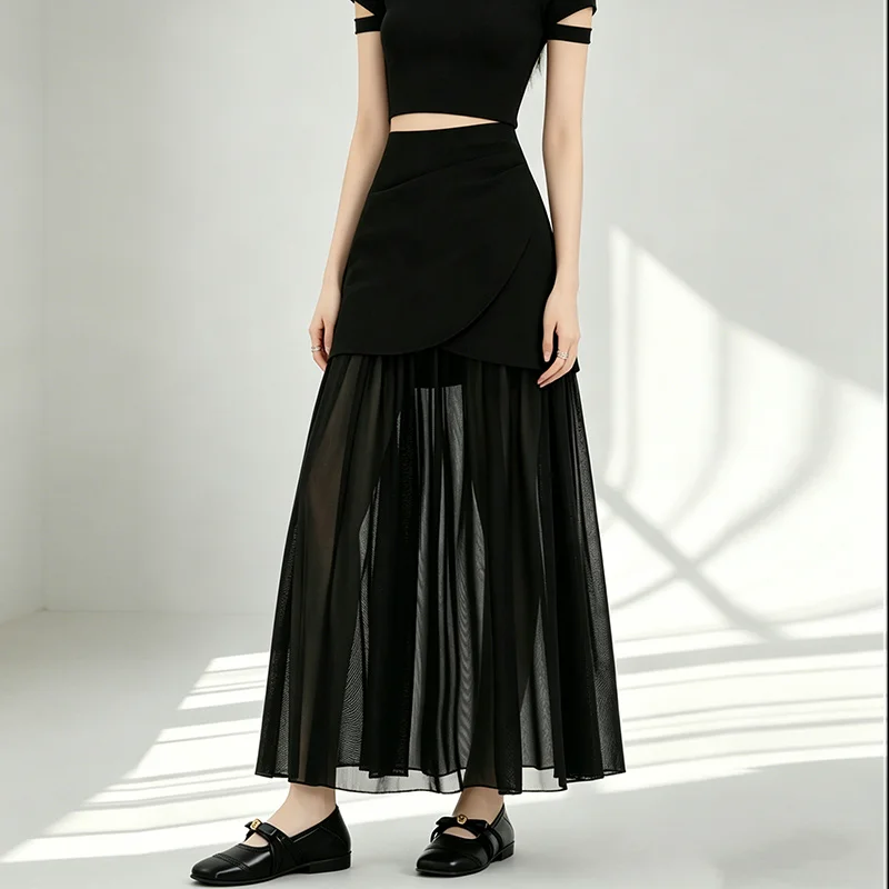 YZJNH 2026 Summer New Half Skirt High Waist A-line Large Swing Skirt Medium to Long Hip Wrap Skirt Mesh Chiffon Half Skirt Women