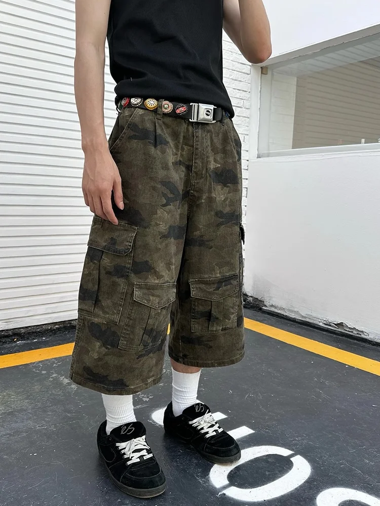 

American Retro Waed Camouflage Denim Seven-Foot Pants ex Loose Wide Leg Workwear Casual orts Youthful Vitali Sle