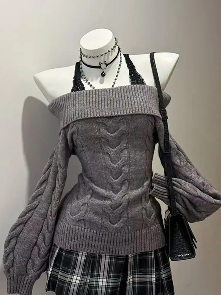 مثير قبالة الكتف سترة المرأة سليم متماسكة كم طويل الكورية الشارع الشهير شتاء دافئ البلوز موضة الاتجاه فتاة أنيقة جديدة #4