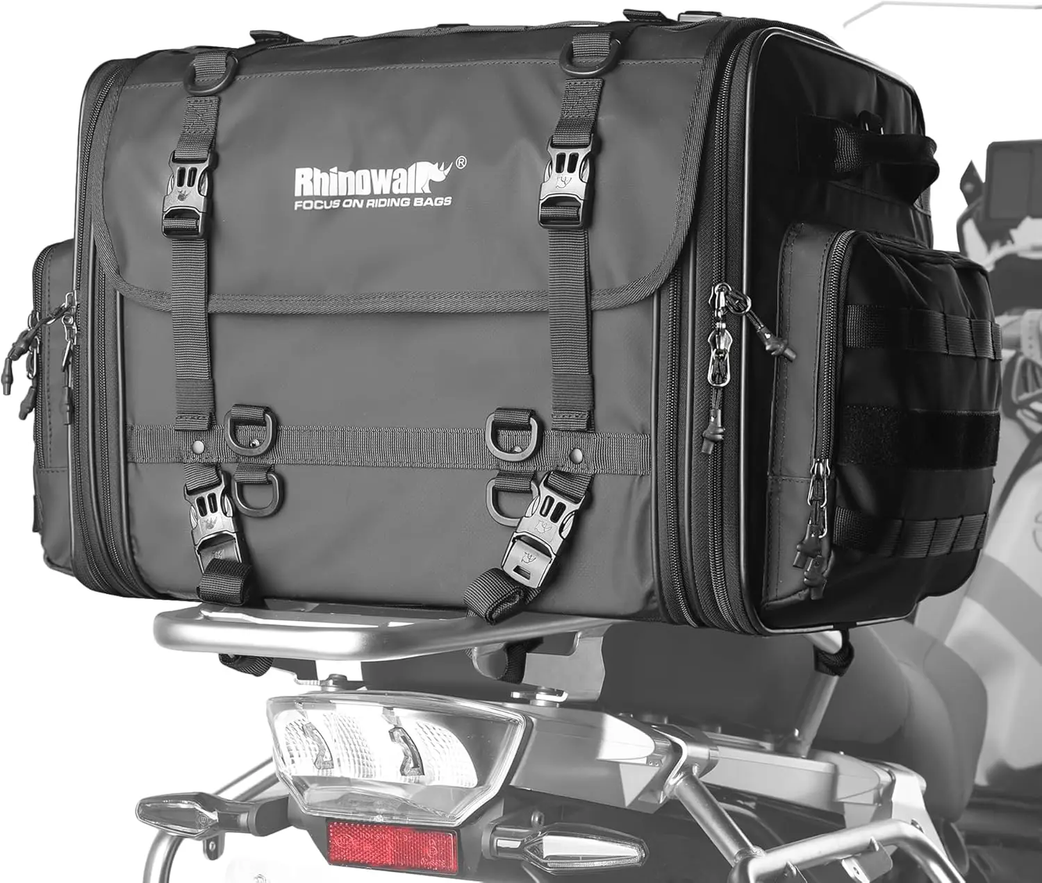 

Expandable 80L Waterproof Motorcycle Tail Bag with Helmet Cover & Straps, All-Weather Travel Luggage