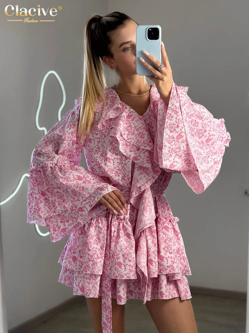 

Clacive Fashion Loose Print Women's Dress 2025 Casual V-Neck Long Sleeve Mini Dresses Lady Elegant Lace-Up Pleated Female Dress