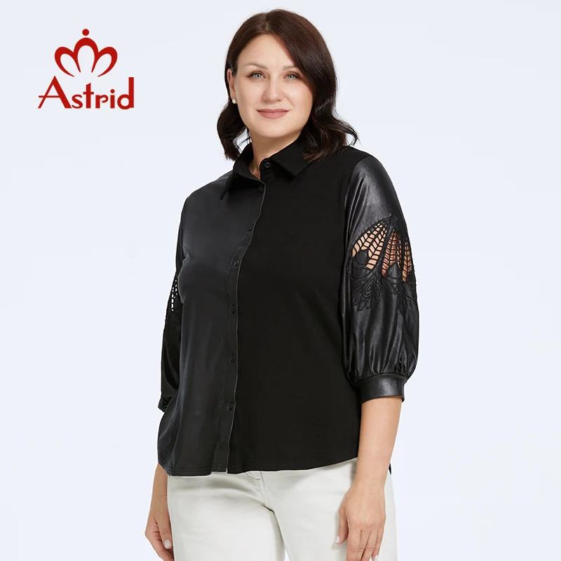 Astrid Women\'s Shirt 2023 Long Sleeve Cut Out Plus Size Pu Leather Top Woman Clothes Fashion Stitching Design Female Tee Shirt