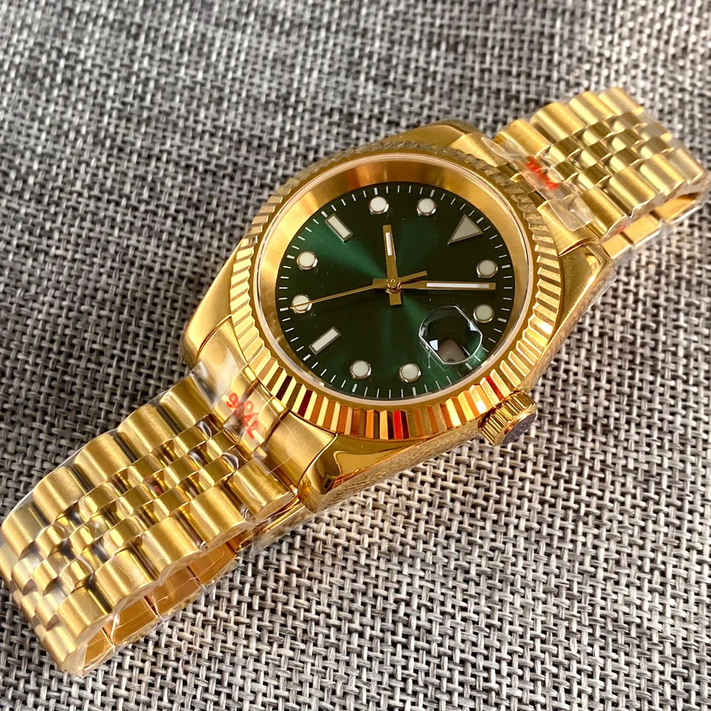 Day Date Fluted Yellow Gold Steel Watch for Men NH35 MIYOTA PT5000 Movement Sunburst Green 904L Bracelet 36mm 39mm Wristwatch