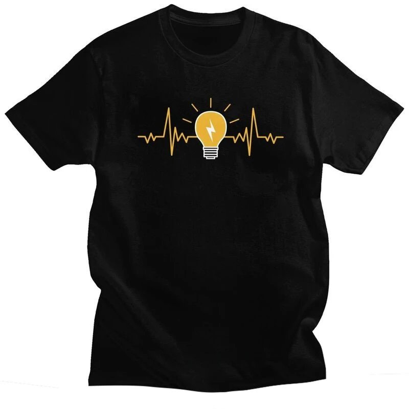 Electrician Heartbeat Light Bulb T Shirts Short Sleeved Electric Engineer Power T-shirt Slim Fit Ventilate Casual Printed Tshirt