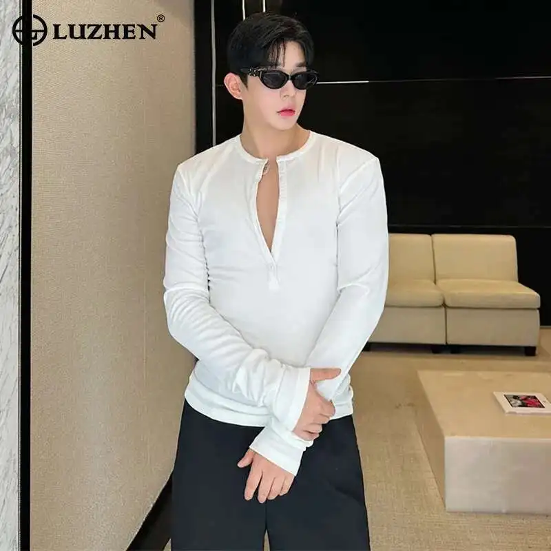 

LUZHEN рубашка с глубоким v-образным низом, тонкая однотонная стильная стильная красивая универсальная мужская корейская одежда высокого качества, топ с длинными рукавами LZ7566