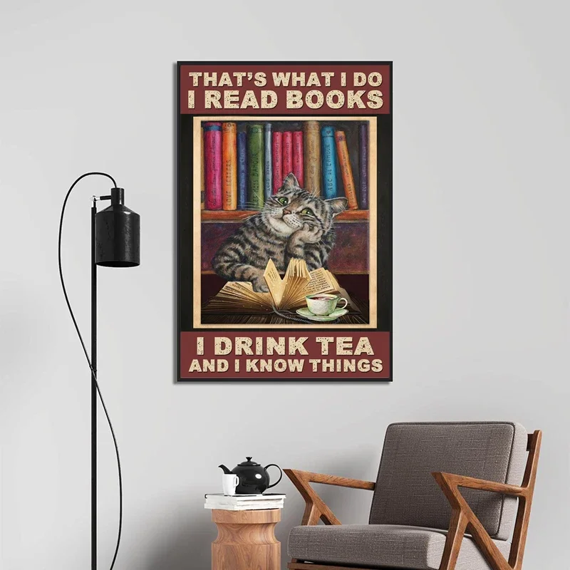 Cat Reading Book Funny Poster Vintage Prints Reading Room Library Wall Decor Librarian Bookworm Gifts Girls Room Canvas Painting