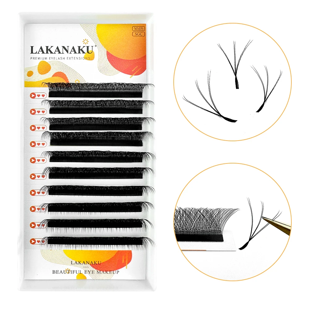 LAKANAKU 6D W Shape Eyelash Extensions C/D/DD Curl Two Tips 3D W Premade Volume Fans Soft Clover Bloom Individual Cilios