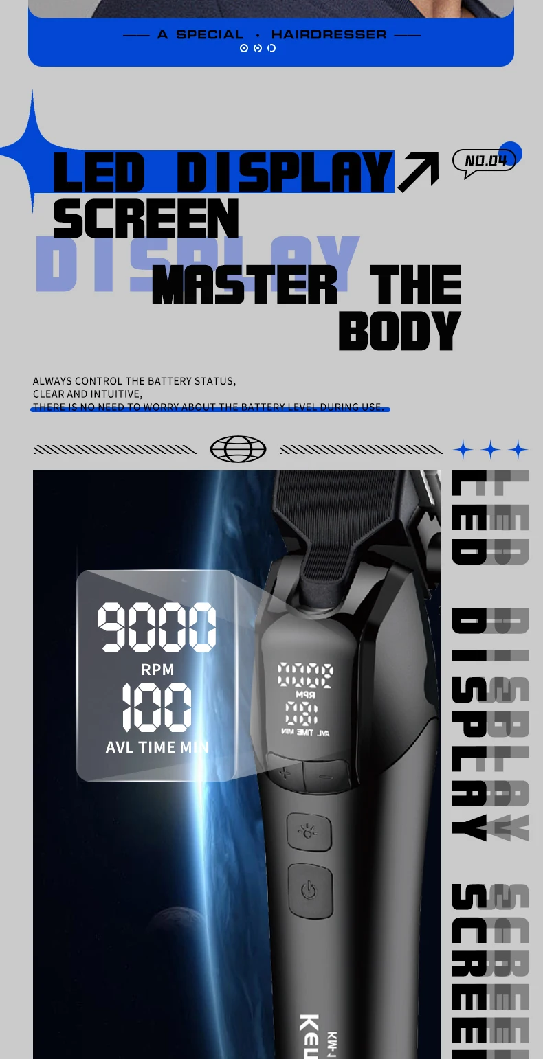 KEMEI DLC Blade Electric Hair Clipper Professional Cordless Usb Rechargeable Hair Clippers With Light KM-1858