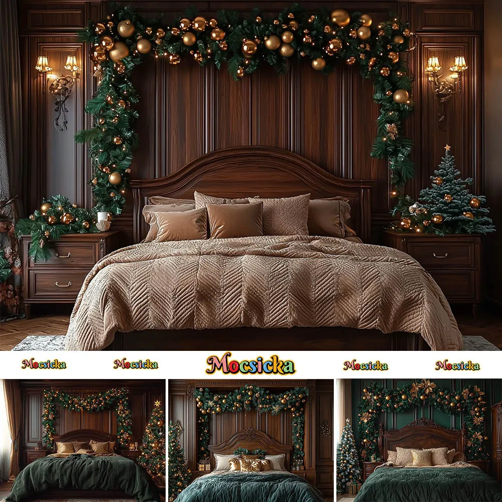 

Mocsicka Photography Background Christmas Room Wreath Bed Decoration Family Portrait Photo Holiday Backdrops Studio Props Banner