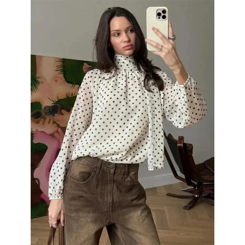 

Casual Tee Bow Patchwork Shirts Top For Women Loose Contrast Long Sleeve Commute Lace-Up Top Female Spring Blouse Pullover