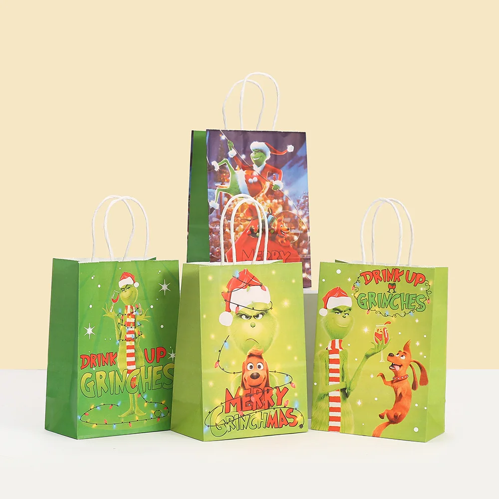 StoBag, Grinch-themed Christmas Gift Wrap Bags, Reusable Paper, Packing Xmas small presents,