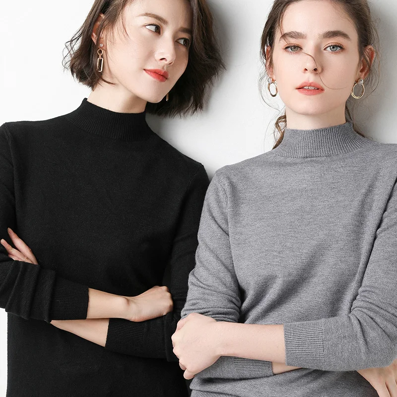 

Женская базовая трикотажная кофта с высоким воротником для осени и зимы, черная, в корейском стиле, модная, свободного кроя