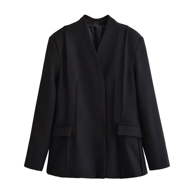 2026 Autumn Ladies V Neck Black Blazer Long Sleeve Vintage Design With Pockets Office Commute Female Outerwear Outer Jacket