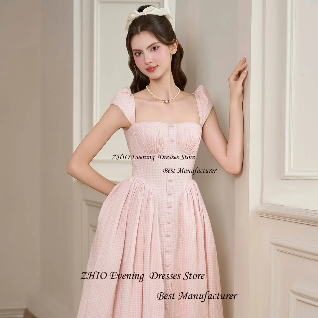 ZHIO Pastrol Pink Check Chiffon Tea-Length Evening Gown Dress Square Collar Sleeveless Formal Prom Gowns Customized with Pleat