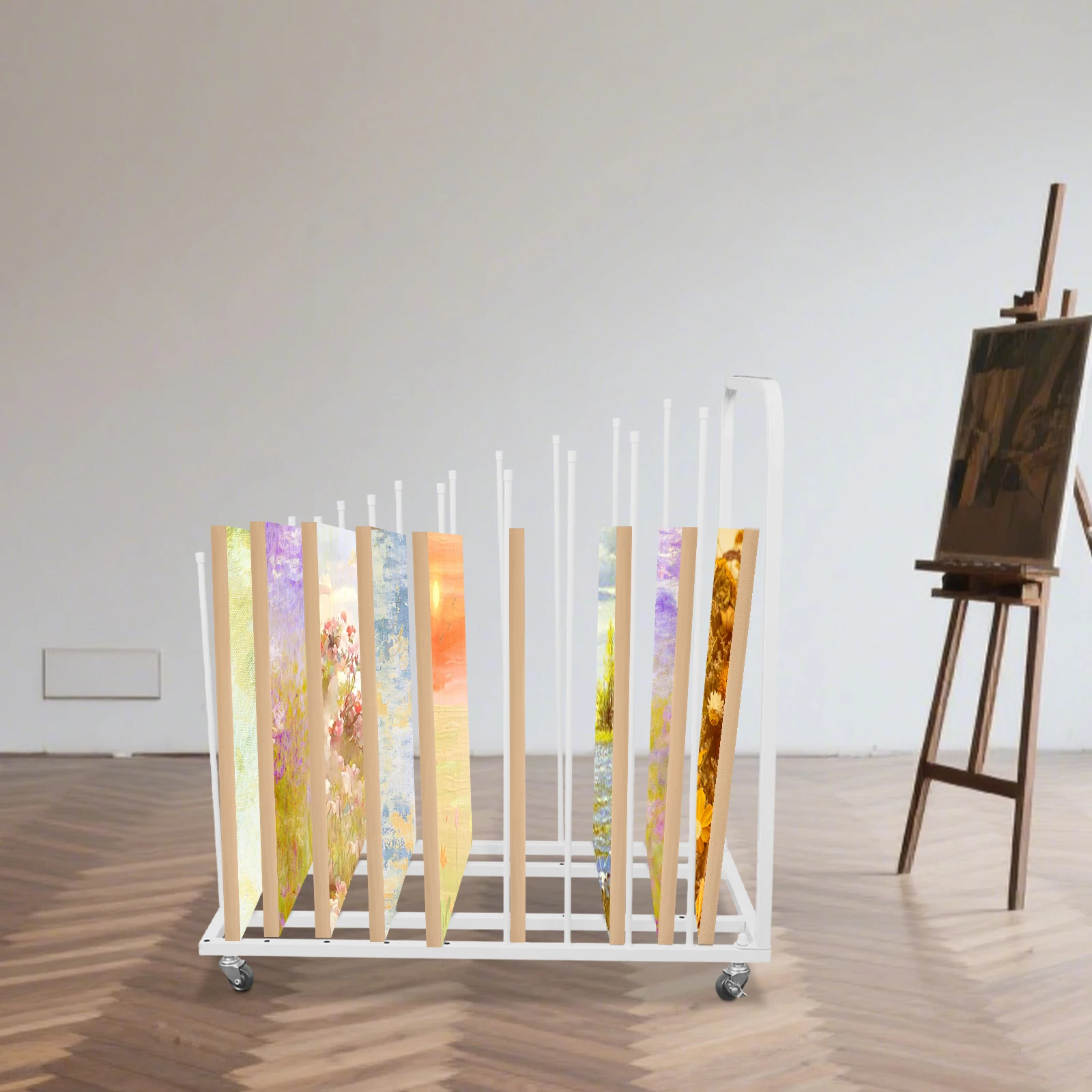 

Art Drying Rack, Mobile Canvas Storage Display Stand with Brake Casters, 9-Slot Adjustable Easel for 10 to 45 Inch Panels