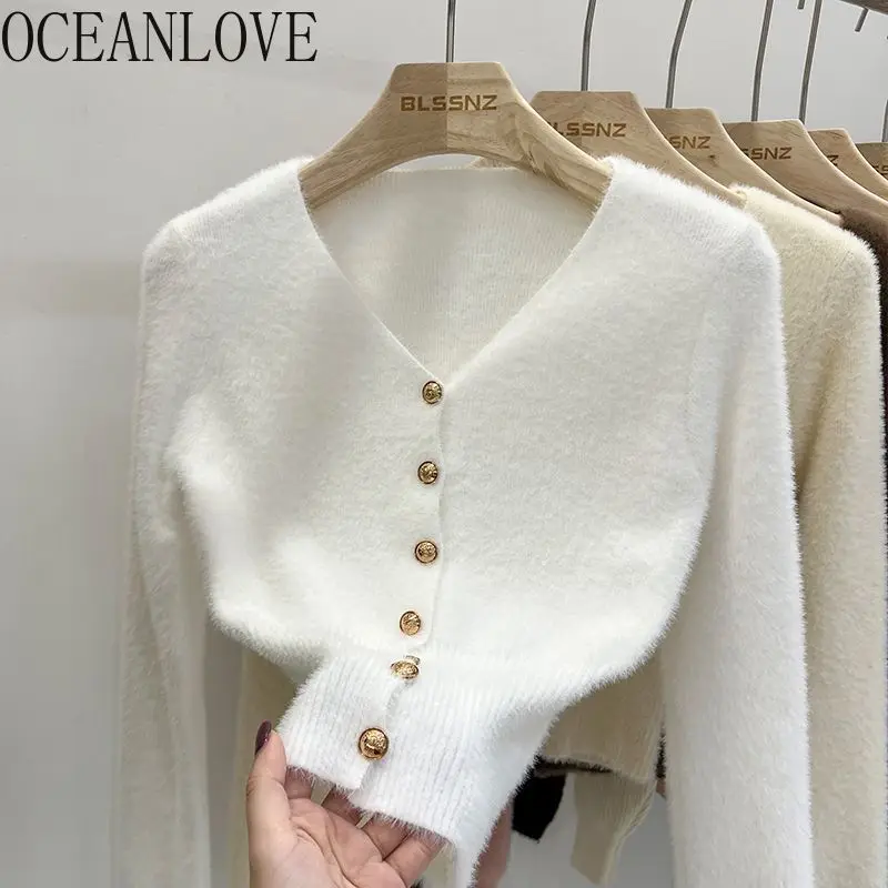 

OCEANLOVE Short Cardigans Solid Mink Cashmere Solid Autumn Winter Woman Sweaters V Neck Korean Fashion Retro Sueter Mujer