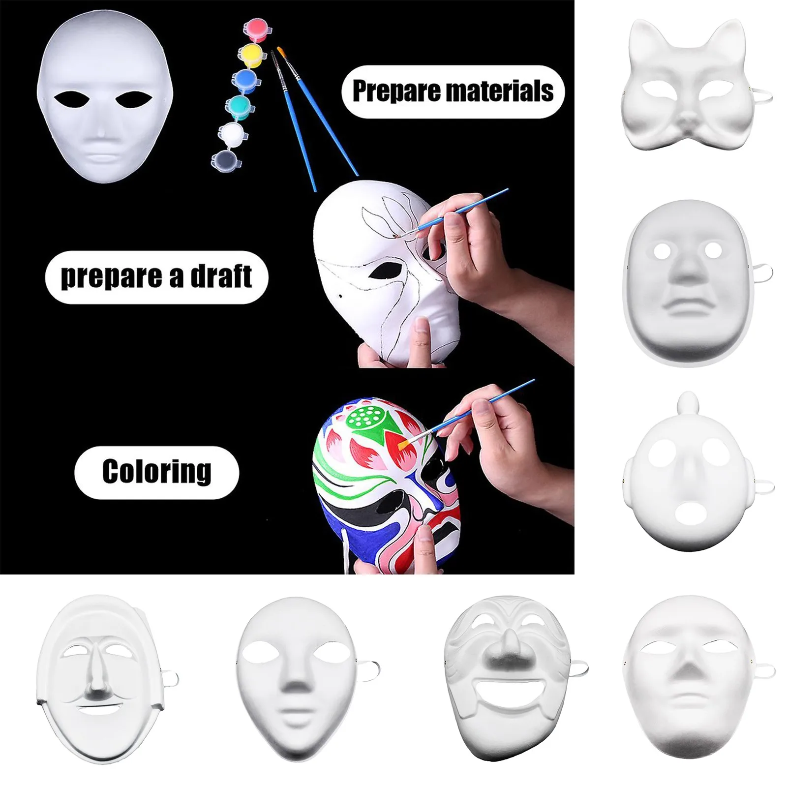 1pc DIY Full Face White Masks Halloween Costumes DIY Blank Paper Painting Mask Dance Ghost Cosplay Masque Party Mask Men Women