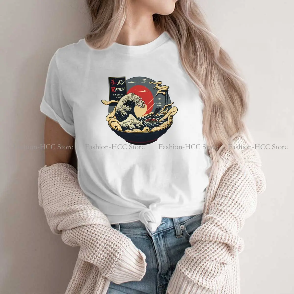 Noodle Gift Classic Hip Hop Polyester TShirt The Great Ramen Off Kanagawa Creative Streetwear Leisure T Shirt Women Short Sleeve