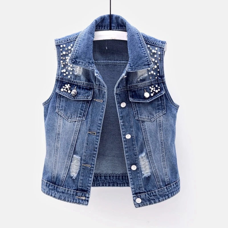 

Denim Women Vest High Quality Luxury Pearls Fashion Ripped Autumn Jeans Jacket Sleeveless Loose Short Coat Causal Waistcoats 5XL