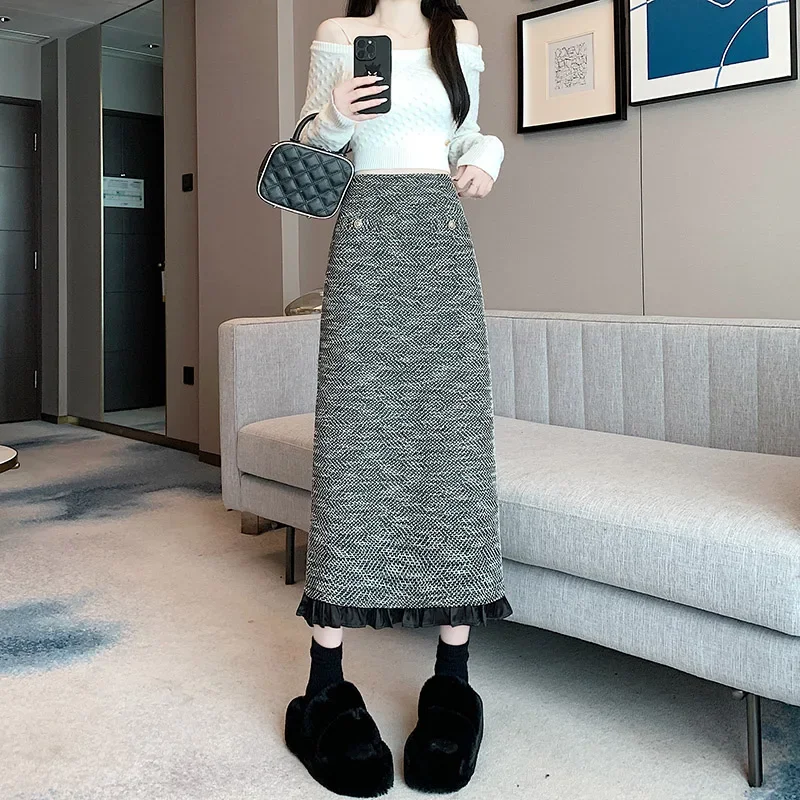 Xiaoxiangfeng woolen A-line skirt, light luxury women's half skirt, winter new long skirt