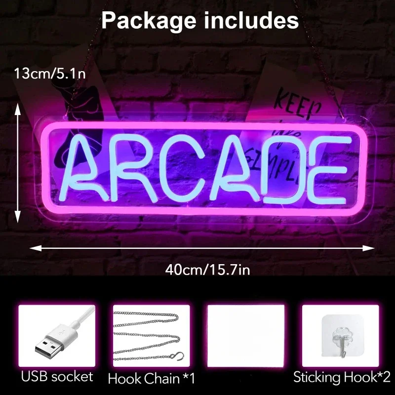 Arcade Neon Sign Dimmable Neon Light Led Words Arcade Signs Light Up Letters Neon Sign For Game Room Home Bar Pub Gift USB