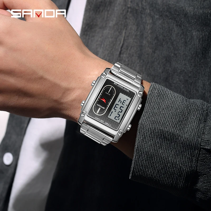 SANDA Top Brand Watches for Men Stainless Steel Quartz Wristwatch Double Display LED Digital Electronic Clock Relogio Masculino