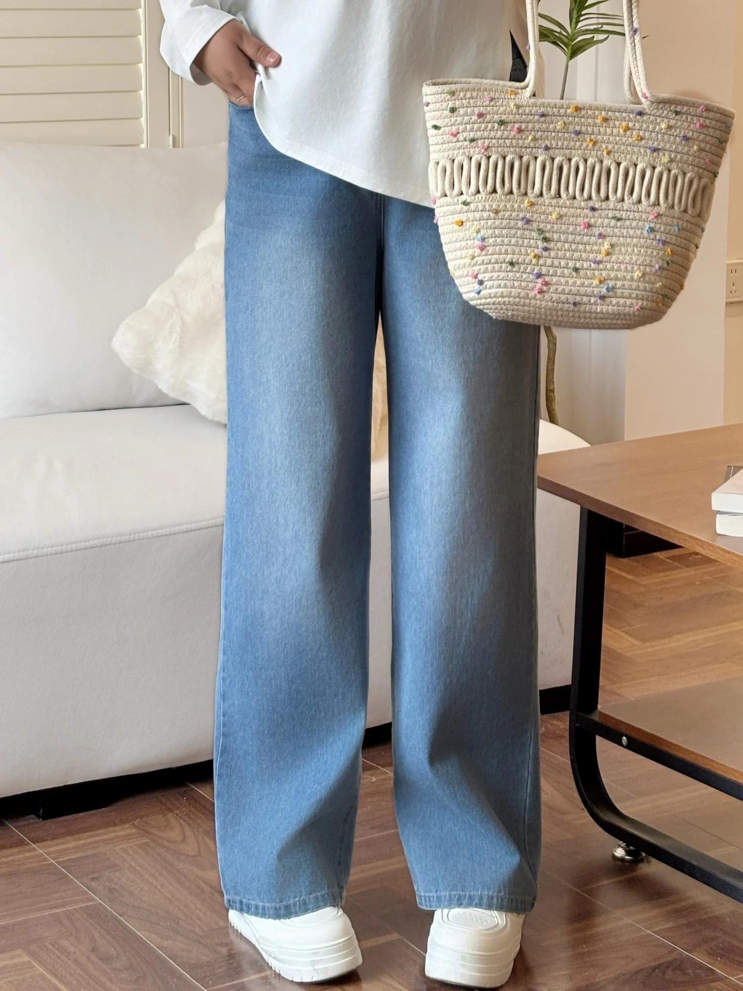 

Модные свободные джинсы с высокой талией из смесового хлопка, весна-лето, новинка, большие размеры, женские, Q3942, с эластичной вставкой на пояснице