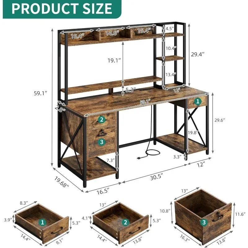 Computer Desk with Drawers & Hutch, 59.1