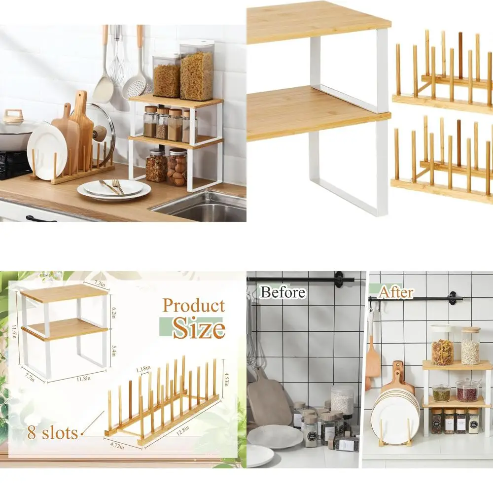 

Bamboo Kitchen Organizer Set: 4-Piece Storage Solutions for Spices, Dishes, Pot Lids, and More (Wooden)