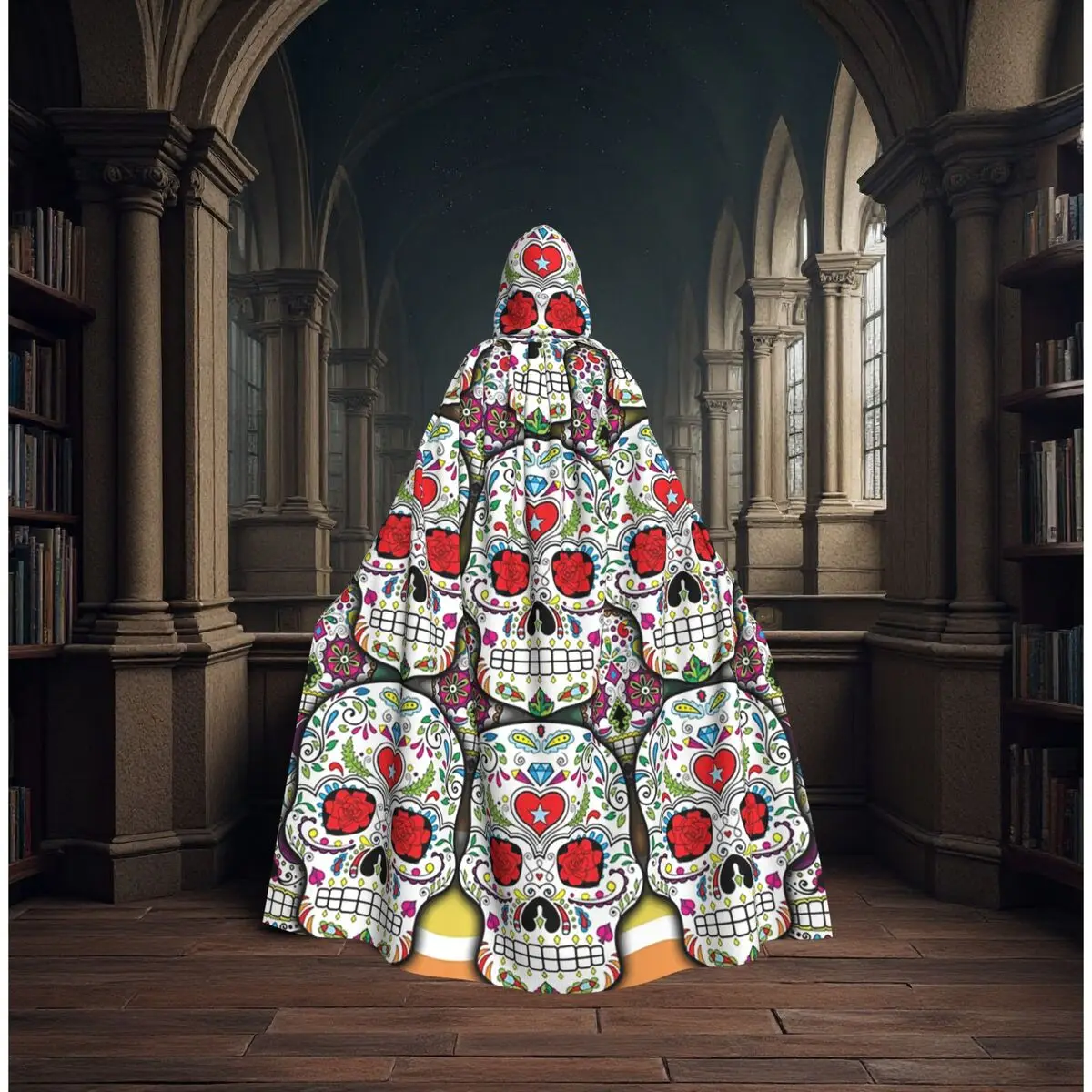 

Mexican Day Of The Dead Sugar Skull Culture Long Hooded Cloak Witch Medieval Costume Cosplay Cape HalloweenCoat Adult Unisex