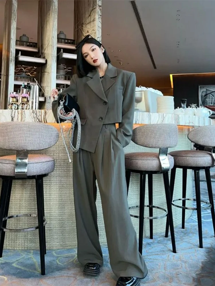 Insozkdg 2022 Autumn New Korean Style Sense of Design Short Western Style Leisure Suit High Waist Slimming Wide Leg Pants Suit