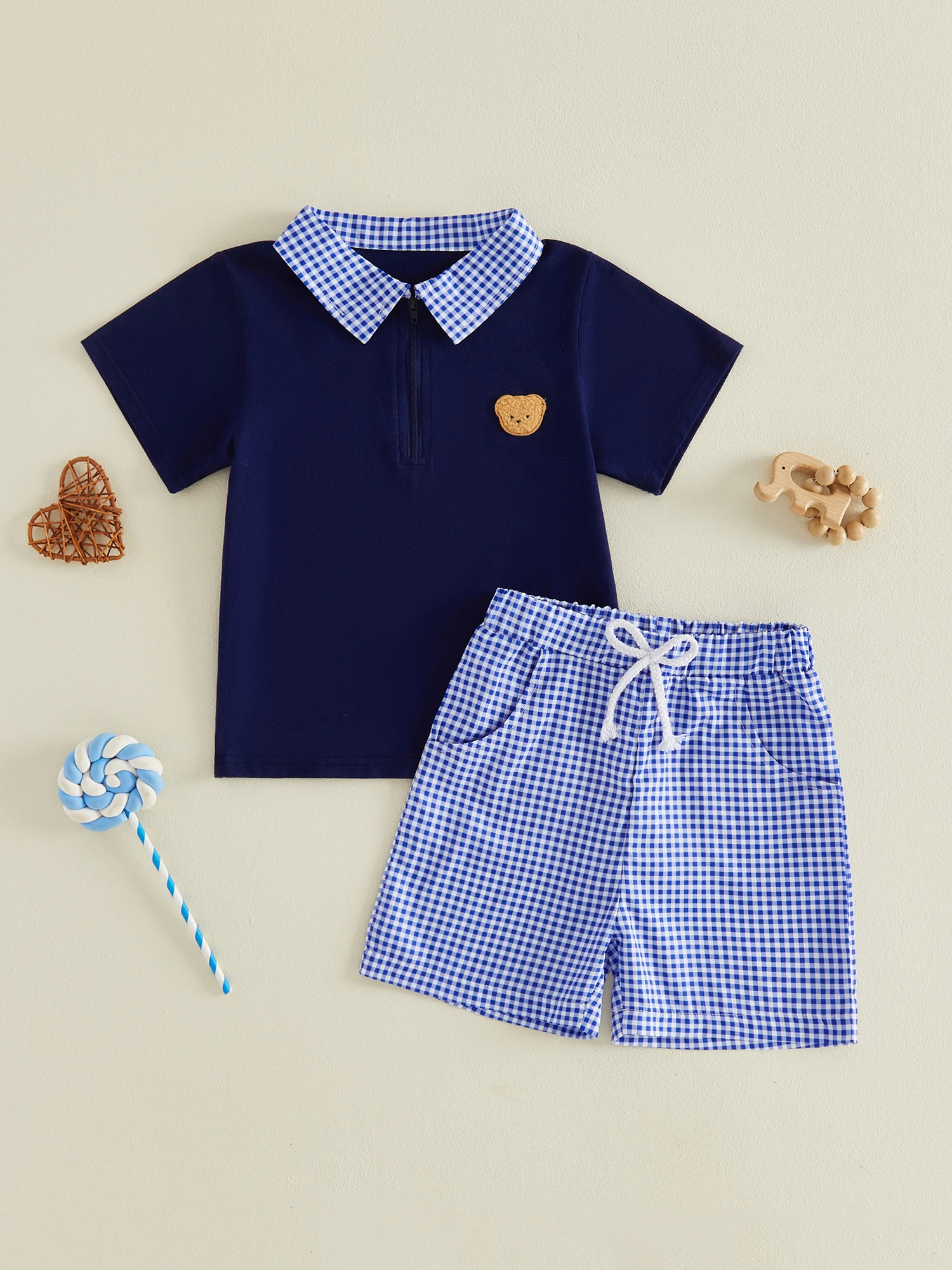 

2Pcs Baby Boy Casual Wear Short Sleeve Lapel Neck Bear Embroidery Tops and Plaid Print Shorts Set with Elastic Waist